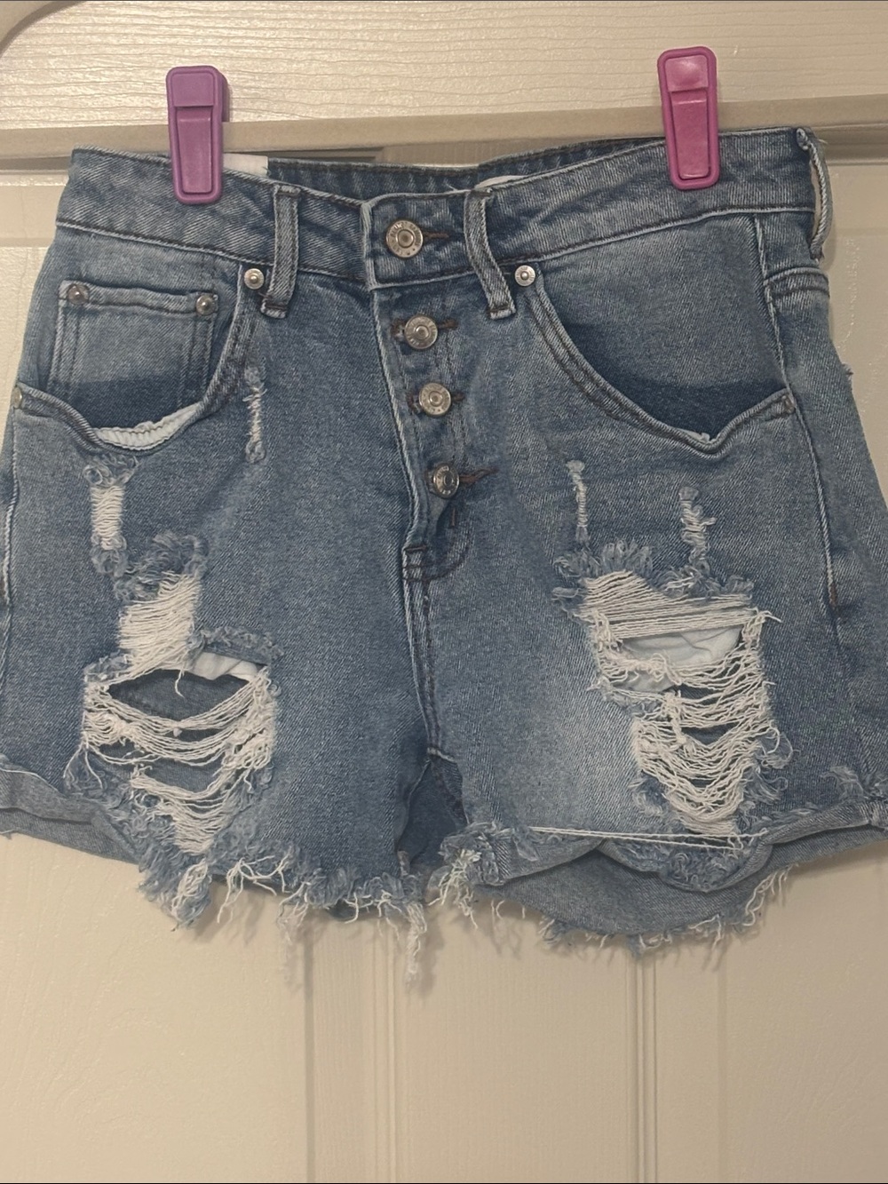 Almost Famous Light Blue Button Fly High-Waist Distressed Denim Shorts 3